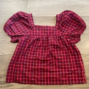 NWT Madewell Seersucker Bubble Short Sleeve Top Plaid Wine Size Medium
